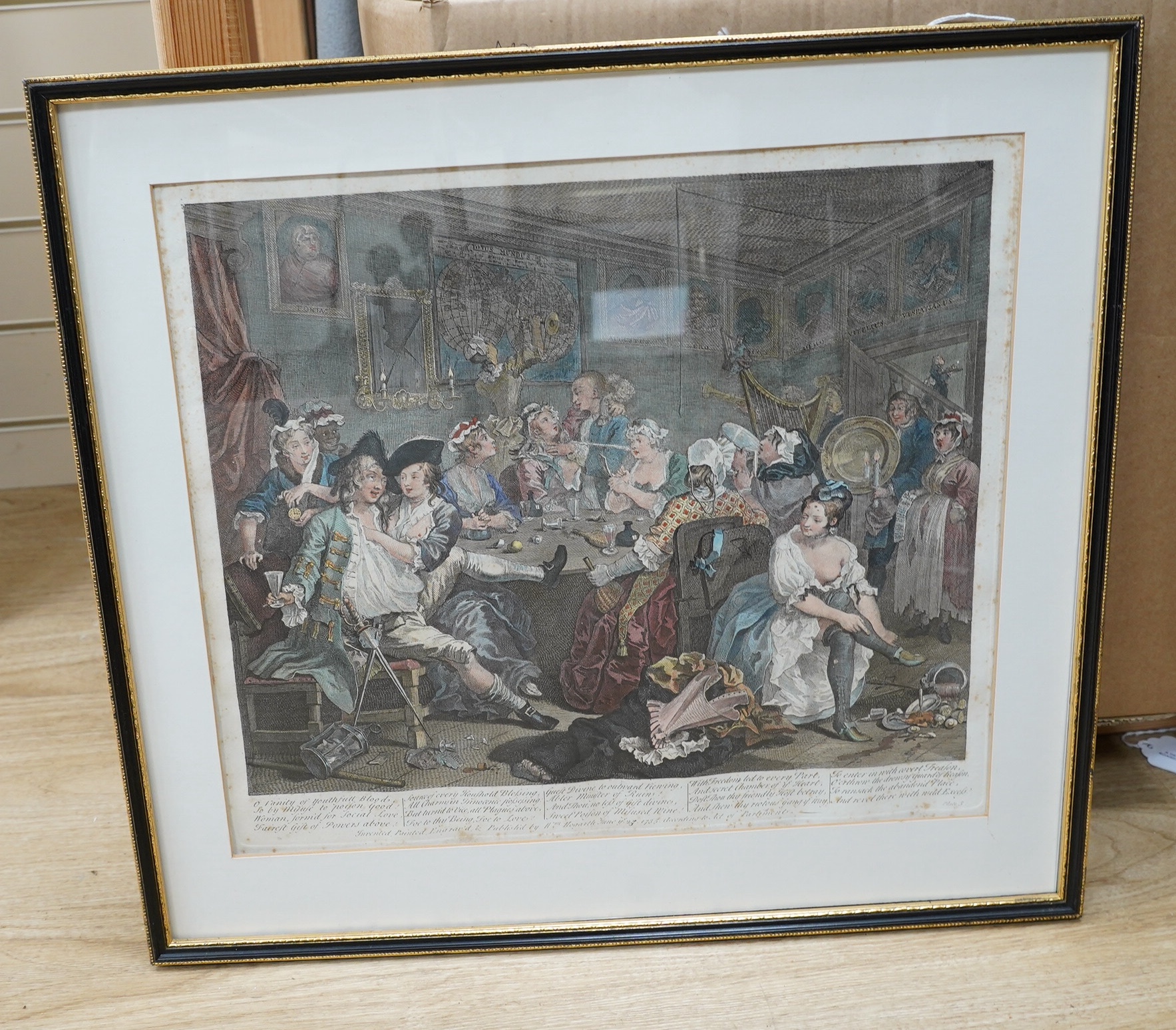 After William Hogarth (1697-1764), Eight satirical hand coloured engravings, ‘The Rakes Progress’, published June 25th 1735, largest 36 x 41cm. Condition - poor, fair, foxing throughout